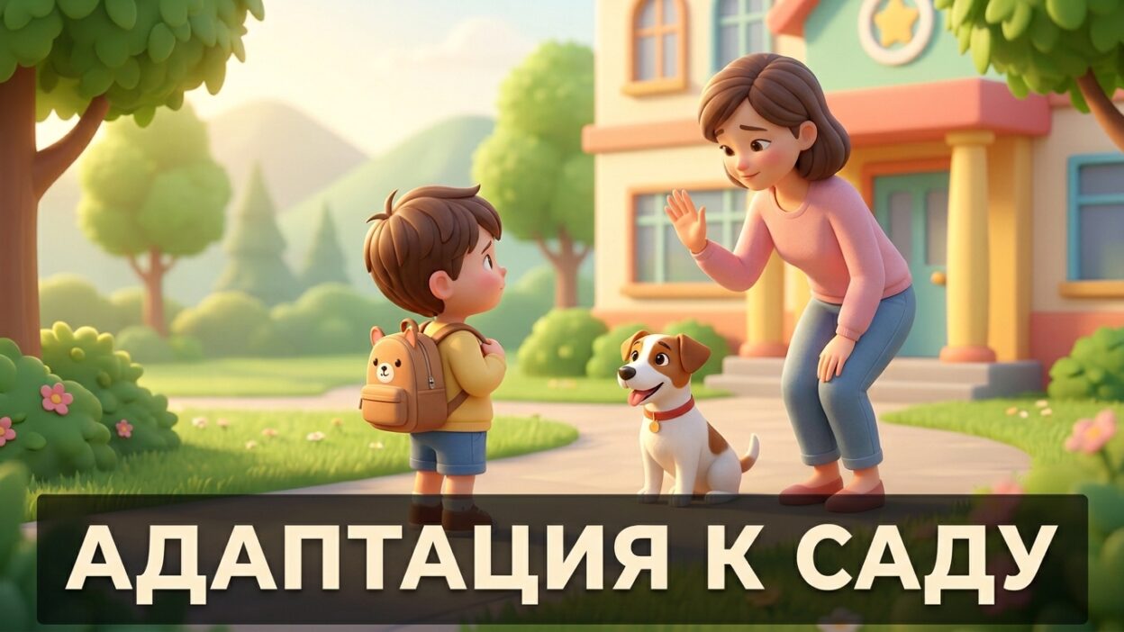 Ребёнок с рюкзачком у детского сада, мама машет на прощание, рядом собачка — иллюстрация к статье об адаптации
