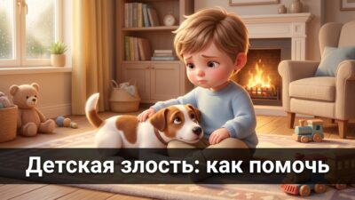 Расстроенный малыш обнимает собачку у камина — иллюстрация к статье о детской злости
