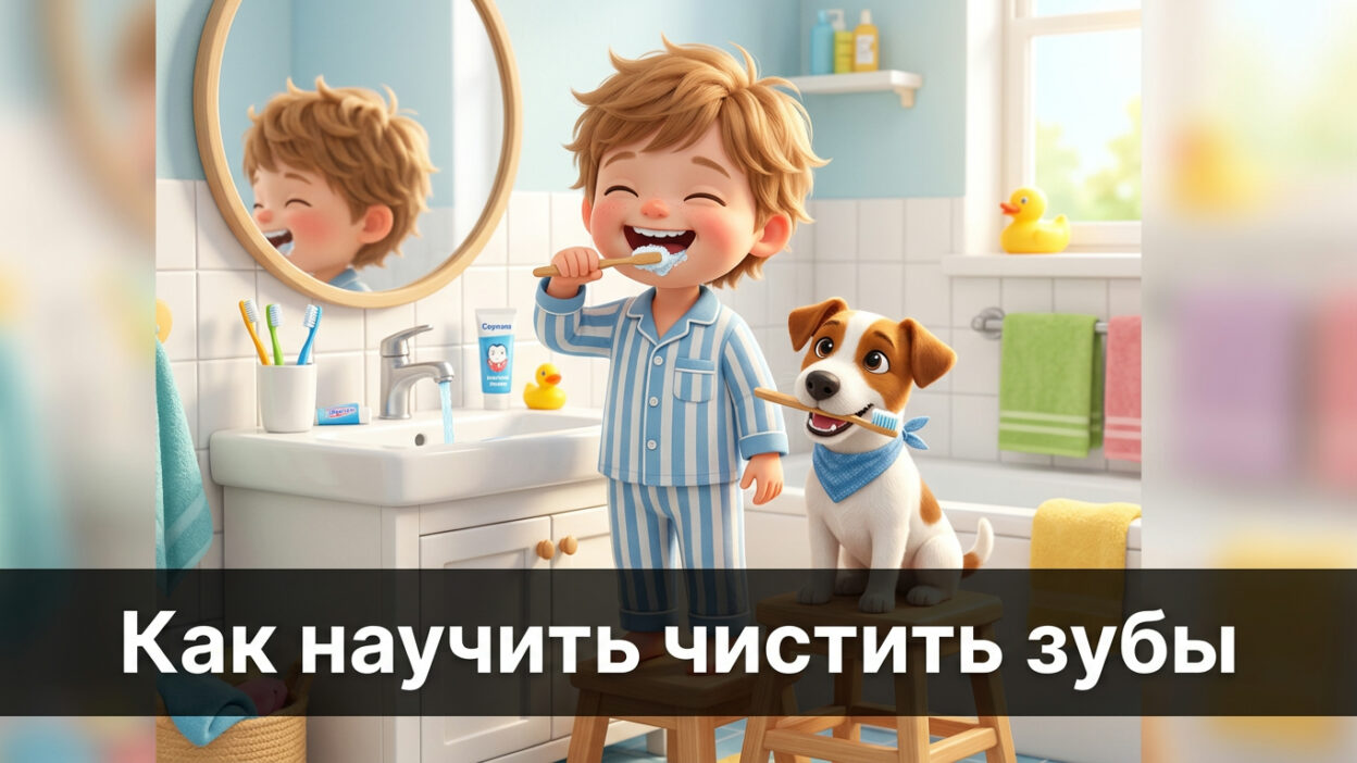 Ребёнок чистит зубы в ванной, рядом собачка со щёткой — иллюстрация к статье о чистке зубов