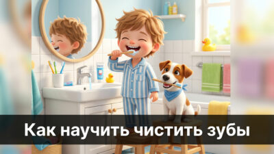 Ребёнок чистит зубы в ванной, рядом собачка со щёткой — иллюстрация к статье о чистке зубов