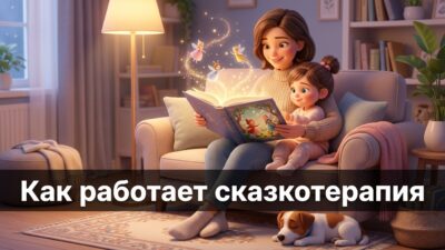 Родитель и ребёнок читают светящуюся сказочную книгу, рядом собачка — иллюстрация к статье о сказкотерапии