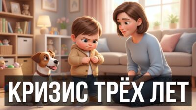 Трёхлетний ребёнок с упрямым выражением и спокойный родитель рядом, собачка — иллюстрация к статье о кризисе трёх лет