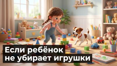 Девочка собирает кубики, рядом собачка с мячиком — иллюстрация к статье об уборке игрушек