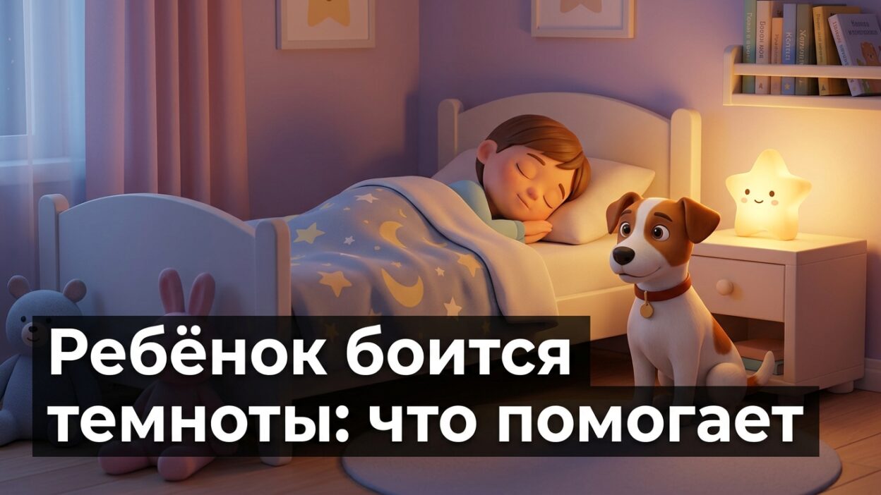 Ребёнок спит в детской с тёплым ночником, рядом собачка — иллюстрация к статье о страхе темноты
