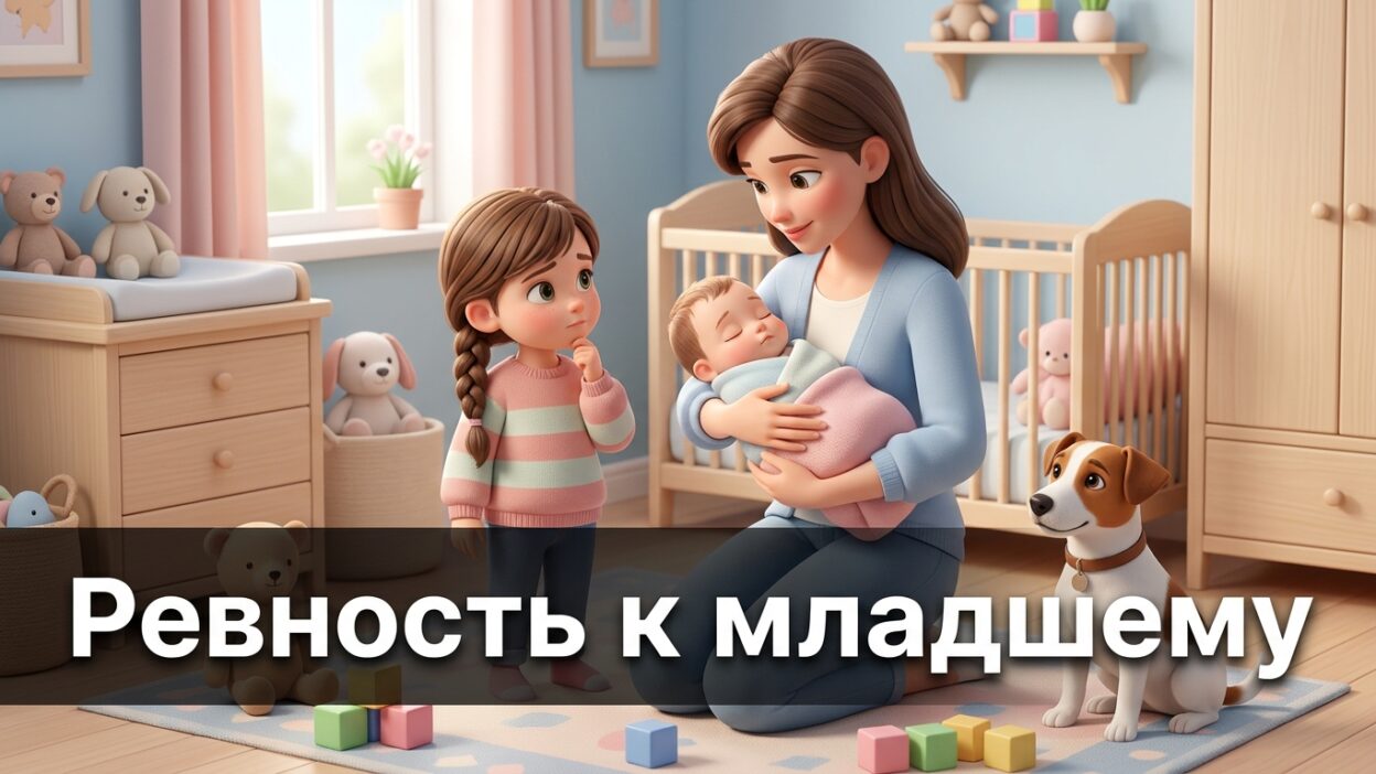 Старший ребёнок смотрит на маму с малышом, рядом собачка — иллюстрация к статье о детской ревности