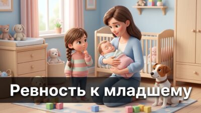 Старший ребёнок смотрит на маму с малышом, рядом собачка — иллюстрация к статье о детской ревности