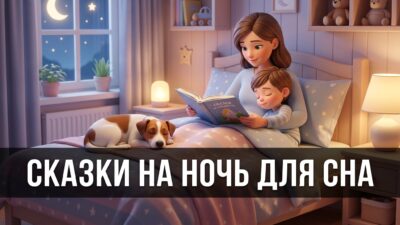 Родитель читает сказку засыпающему ребёнку в кровати, рядом собачка — иллюстрация к статье о сказках на ночь